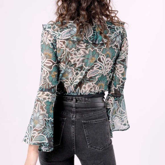 NWT Band of the Free Floral Chiffon Ruffle Bodysuit Green Black Women’s Small - Picture 6 of 9